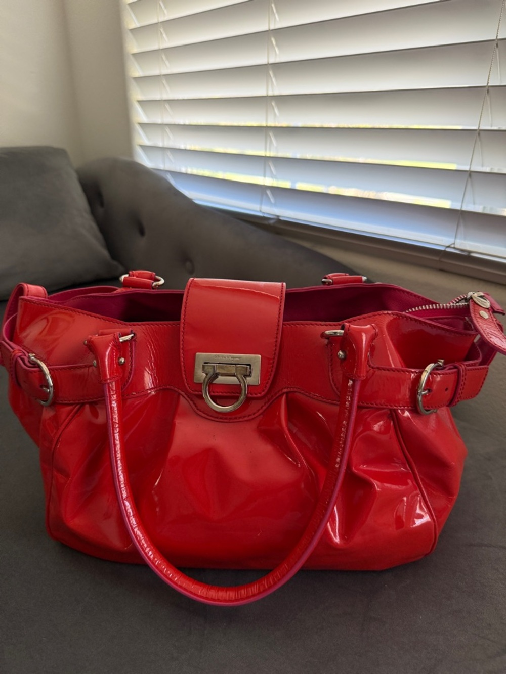 Salvatore Ferragamo Red Patent Leather Shoulder Bag with Silver Hardware